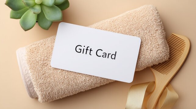 Gift card on rolled towel with comb and succulent plant on table  