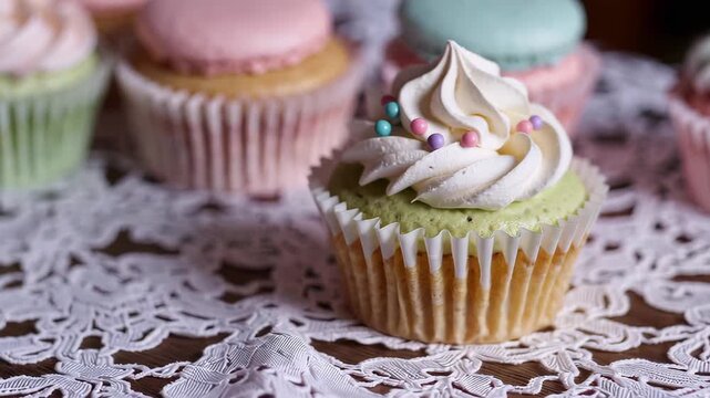 This video showcases beautifully decorated cupcakes with swirls of pastel frosting and colorful sprinkles, presented on an elegant lace tablecloth. It highlights the artistry and charm of homemade swe