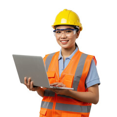 A smiling female construction worker wearing a yellow hard hat and orange safety vest holds a laptop computer isolated on transparent background