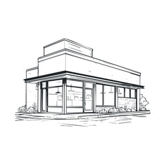 Modern cafe building with large windows and outdoor seating area. Vector illustration