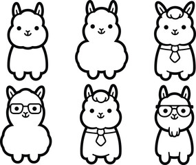 Cartoon llamas illustration, cute alpaca characters, various styles, fluffy animals, accessories, glasses, ties, vector art, adorable pet clipart, farm design