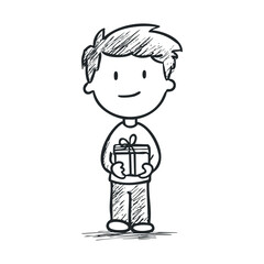 Obraz premium Boy holding a gift in a simple sketch style. Vector illustration