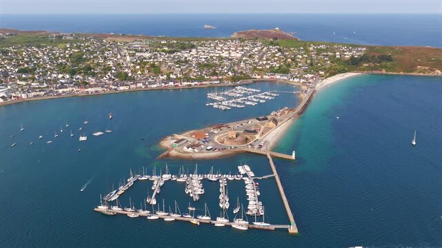 Aerial view of boats in front of the French village of Camaret-sur-Mer in Brittany, France