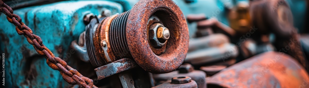 Poster detailed close-up of an old rusty engine component with chains and colorful patina in industrial set