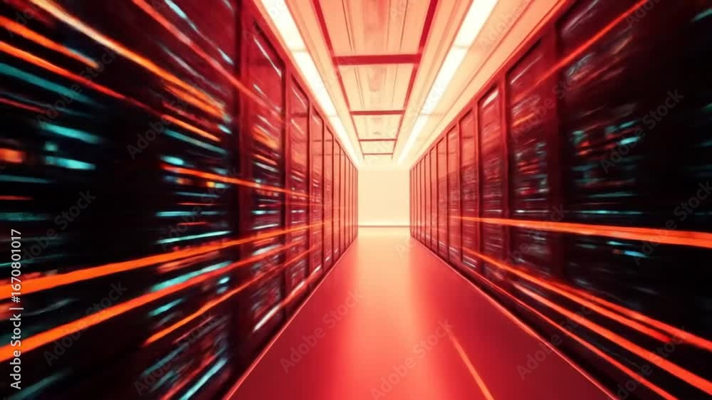 Aufkleber futuristic glowing data server in a bright red digital environment with dynamic light beams. data st