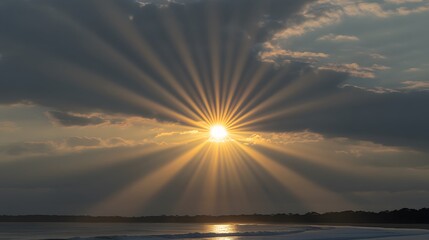 Stunning Sunset Rays Over Ocean Beach Landscape