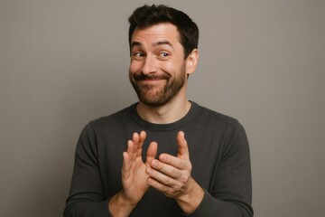 Portrait of a sarcastic businessman clapping hands with an amused expression, celebrating success with irony against a neutral background