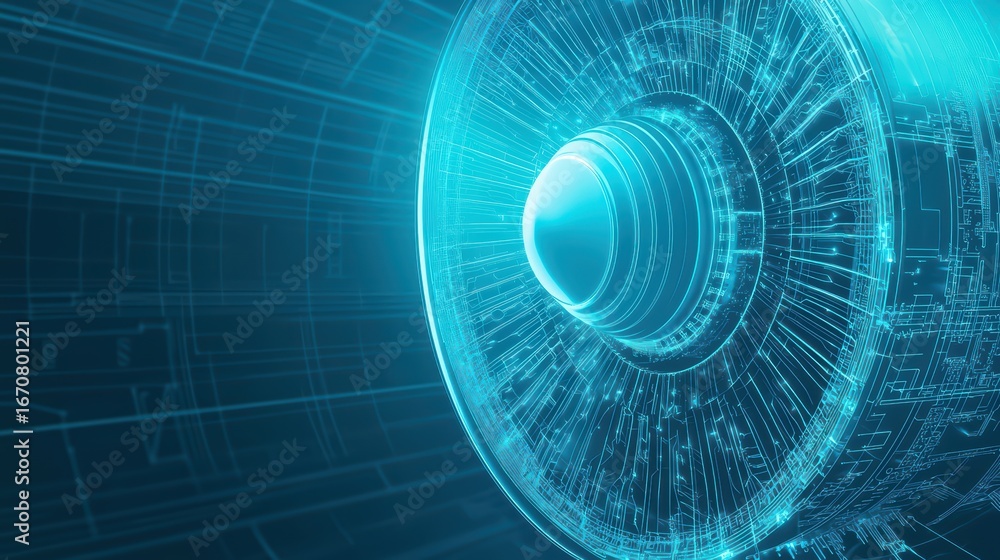 Poster futuristic digital interface with blue light and abstract technology elements in motion