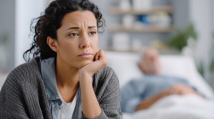 A sad and worried woman with dark curly hair rests her chin on her hand, an elderly man blurred in bed behind her.