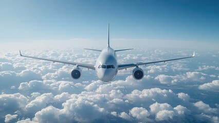 Obraz premium Plane glides smoothly, slowly descending through clouds. large commercial airplane flying above a sea of fluffy white clouds.