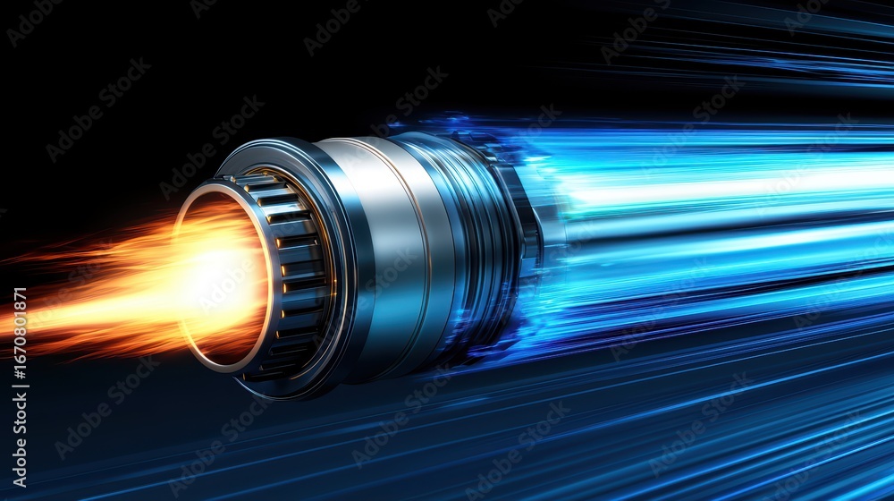Poster advanced jet engine propulsion system in motion with vibrant blue flames and dynamic speed effects