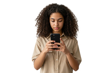 Young woman with curly hair looking at her mobile device in a tan button down shirt indoors on transparent background