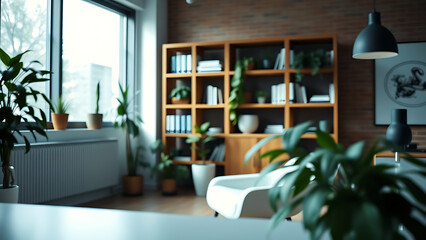 A zoom background photo of a minimalist modern office with a bookshelf and plants