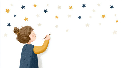 Fototapeta premium Young caucasian girl drawing stars on white background