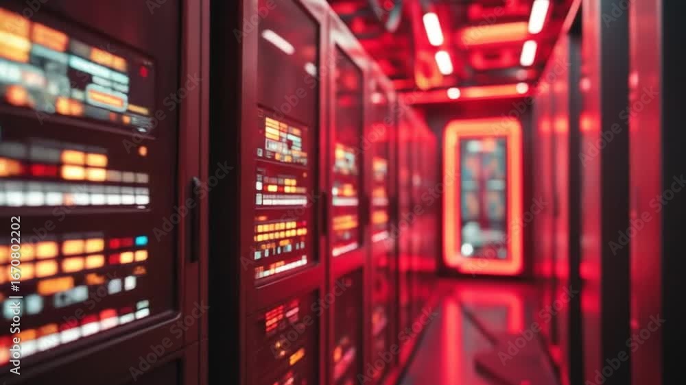 Aufkleber futuristic glowing data server in a bright red digital environment with dynamic light beams. data st