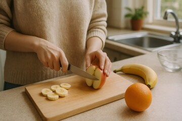 Woman slicing a red apple on a wooden cutting board in a kitchen, preparing a healthy fruit snack with banana and orange