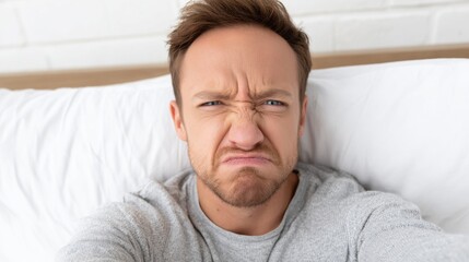 A close-up of a man in bed making a disgusted or displeased face, with his eyes squinted and nose wrinkled, showing strong negative emotion.