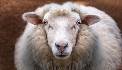Obraz premium close up of a fluffy white sheep with soft curly wool and expressive eyes