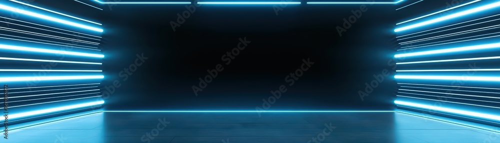 Poster futuristic neon light studio with dark background and glowing lines for creative projects and design