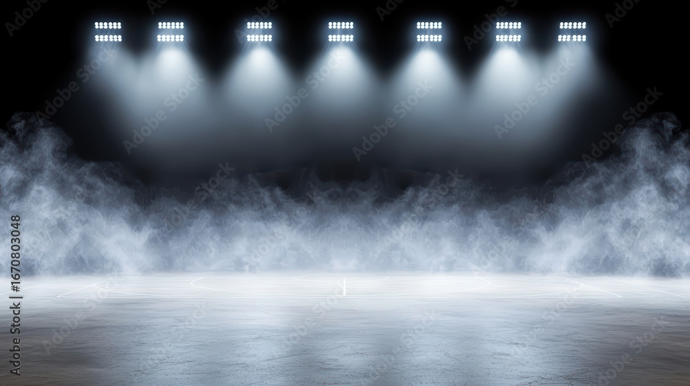 Poster dramatic stage with spotlights and fog creating an intense atmosphere for performances and events