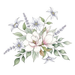 watercolor floral arrangement, elegant spring bouquet illustration, romantic magnolia and clematis blossoms
