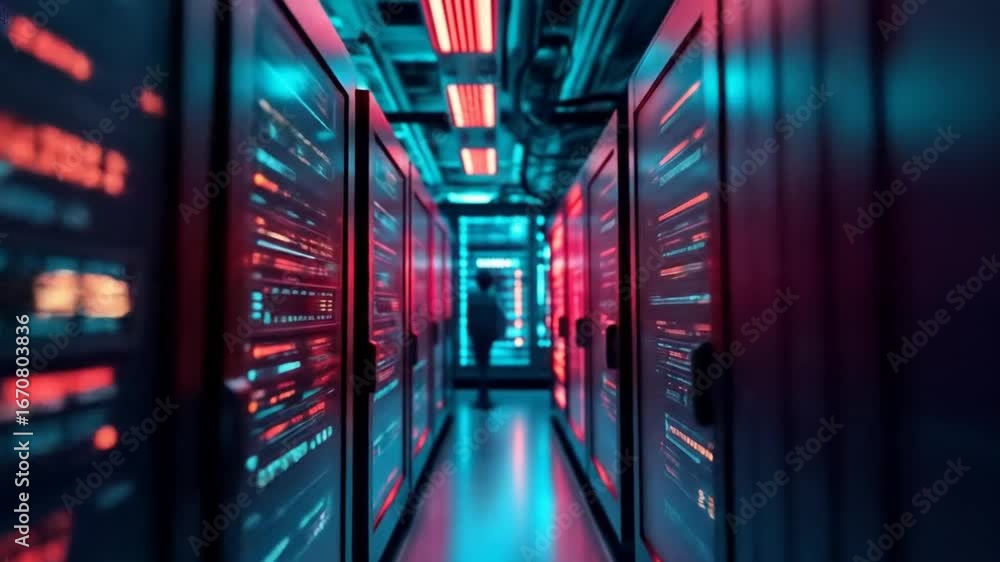 Aufkleber futuristic glowing data server in a bright red digital environment with dynamic light beams. data st