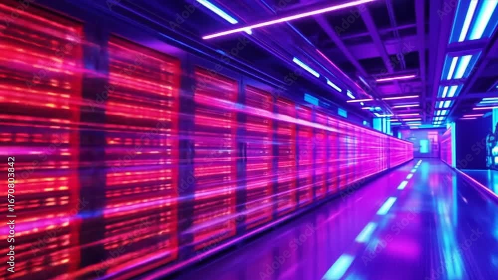 Aufkleber futuristic glowing data server in a bright red digital environment with dynamic light beams. data st