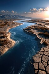 Aerial view of a drought-stricken landscape with a parched riverbed and cracked earth, highlighting climate change impact.