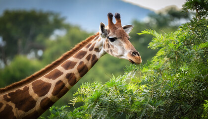 Obraz premium a majestic giraffe gazes intently its distinctive patterns and gentle eyes captivating amidst lush green foliage
