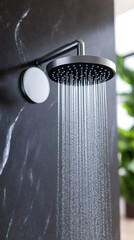 Modern shower head pouring water in luxury bathroom
