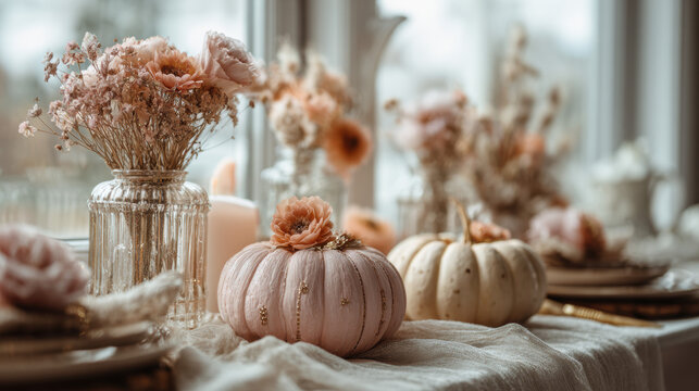 Elegant pastel halloween tablescape with soft pink cream and orange pumpkins dried flowers and pale linen runner
