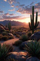 Arizona desert landscape at sunset with saguaro cacti and distant mountains, capturing a serene and vast wilderness.