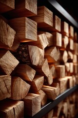 Fototapeta premium Meticulously stacked square wood logs showcasing natural wood grain and texture in warm lighting.