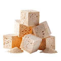 A Delicate Stack of Light Brown Marshmallow Cubes with Powdered Sugar isolated on transparent background