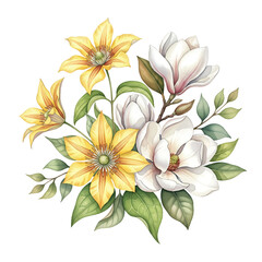 watercolor floral bouquet illustration, elegant botanical flower arrangement, hand drawn spring blossom design