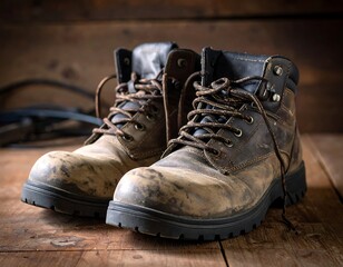 Worn work boots on wooden surface