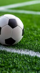 Fototapeta premium Soccer ball resting on the sideline of a vibrant green turf field