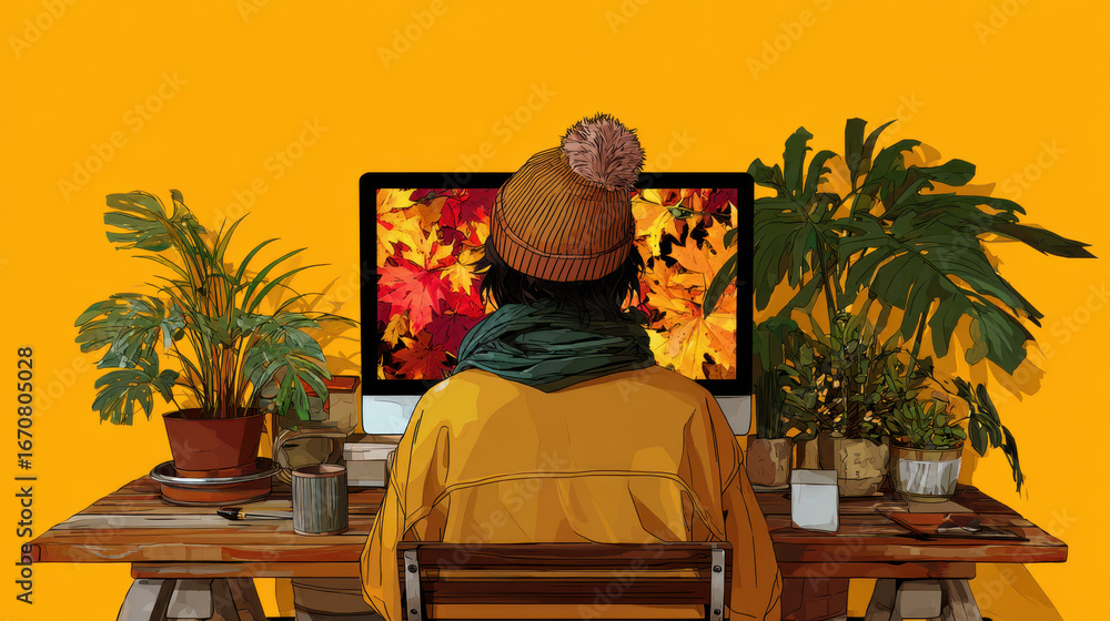Aufkleber cozy workspace featuring person sitting at desk with computer displaying autumn leaves. warm yellow 