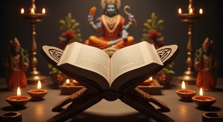 Spiritual ambiance perfect for Diwali, Dussehra, or general Hindu religious events. Features a deity, open book, and candles, ideal for prayer and meditation spaces.