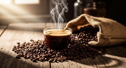 A rich, steaming cup of espresso rests amidst a scattering of roasted coffee beans, surrounded by warm, rustic tones, creating a comforting and inviting atmosphere.