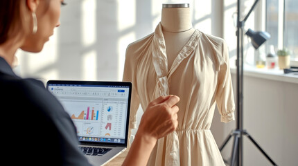 The Art of Business. fashion designer is meticulously pinning fabric onto a mannequin in a chic. Their laptop in the background shows a spreadsheet with sales data and e-commerce analytics
