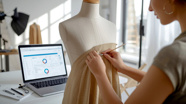 The Art of Business. fashion designer is meticulously pinning fabric onto a mannequin in a chic. Their laptop in the background shows a spreadsheet with sales data and e-commerce analytics