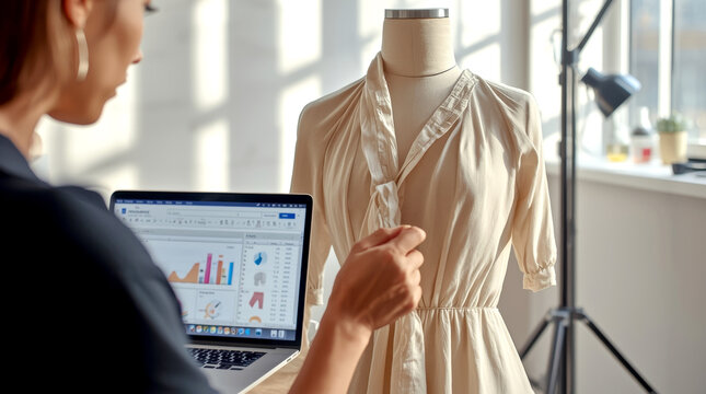 The Art of Business. fashion designer is meticulously pinning fabric onto a mannequin in a chic. Their laptop in the background shows a spreadsheet with sales data and e-commerce analytics - Powered by Adobe