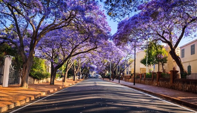 jacaranda trees create a purple canopy over a quiet street in springtime
