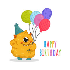 Naklejka premium Cute monster isolated on white background for magazines, birthday cards. Alien, cartoon character. Monster with balloons in flat style. Vector illustration