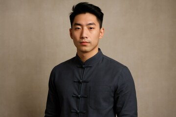 Obraz premium Studio portrait of a young, fashionable Chinese man wearing a traditional mandarin collar shirt, showcasing modern Chinese fashion
