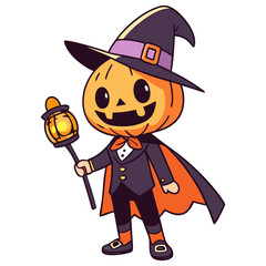 Obraz premium Cute Pumpkin Head Boy with Witch Hat and Magic Lantern Staff Halloween Vector