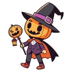 Cute Pumpkin Head Boy in Witch Hat with Lantern Halloween Vector