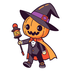 Cute Pumpkin Head Boy in Witch Hat with Lantern Halloween Vector