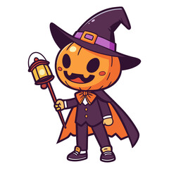 Cute Pumpkin Head Boy in Witch Hat with Lantern Halloween Vector Illustration